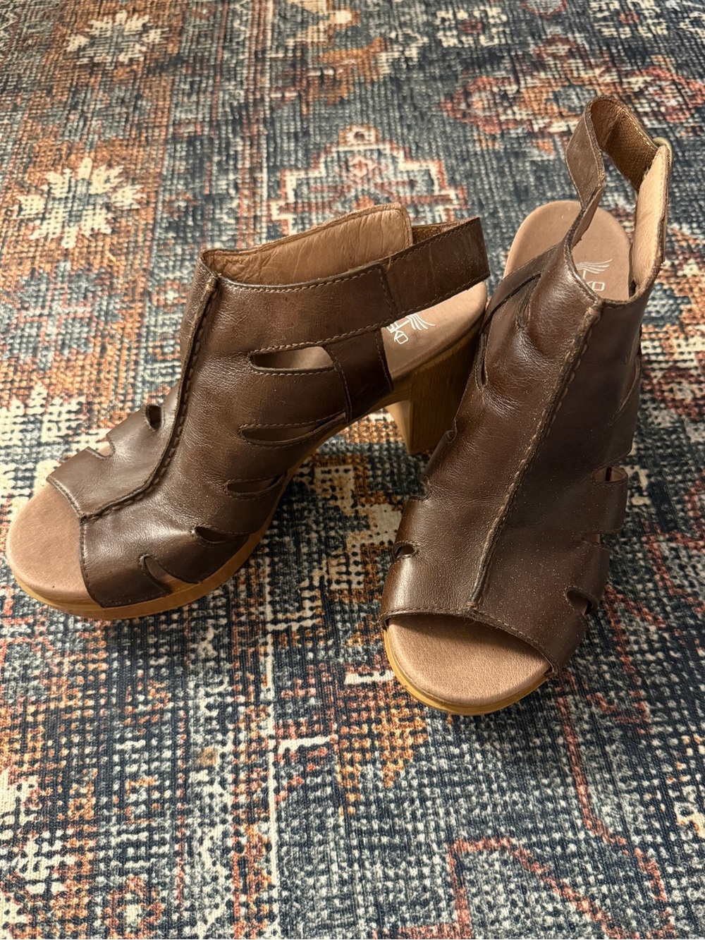 Dansko Brown Leather Cutout Peep-Toe Block Heels
